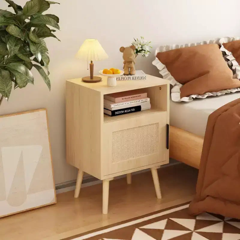 Rattan Nightstand Wood Nightstand End Table Accent Bedside Side Table with Open Shelf, Modern & Natural Aesthetic-ModernLuxe