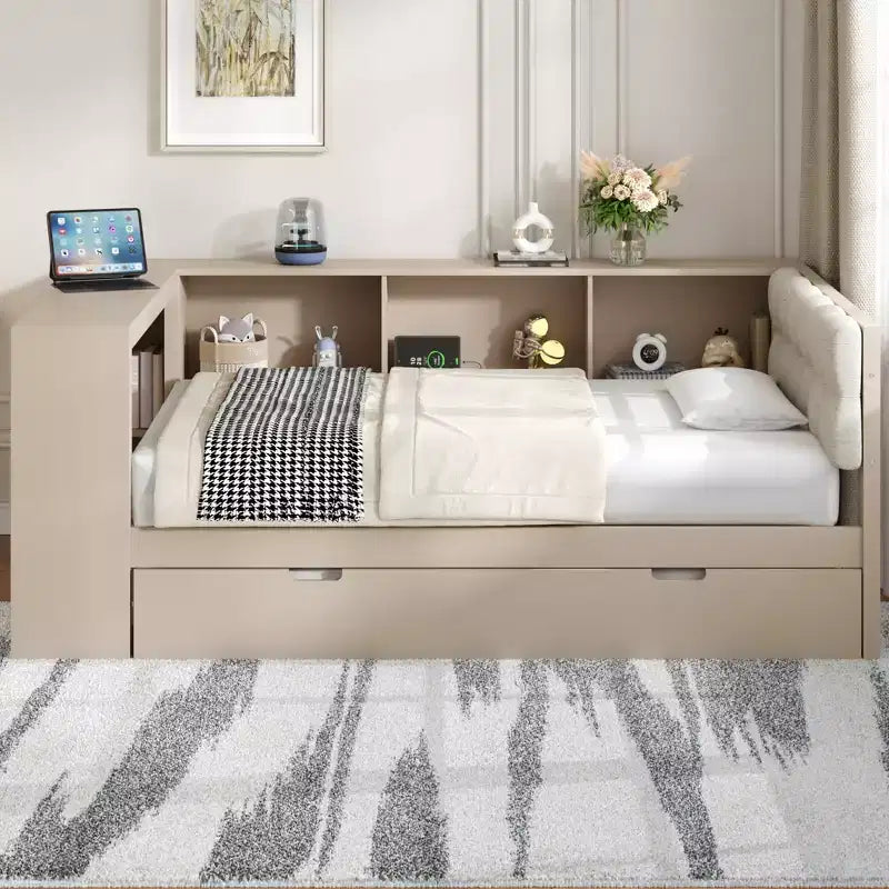 Divano Letto Singolo/Matrimoniale con Ripiani Portaoggetti, Letto Estraibile e Stazione di Ricarica