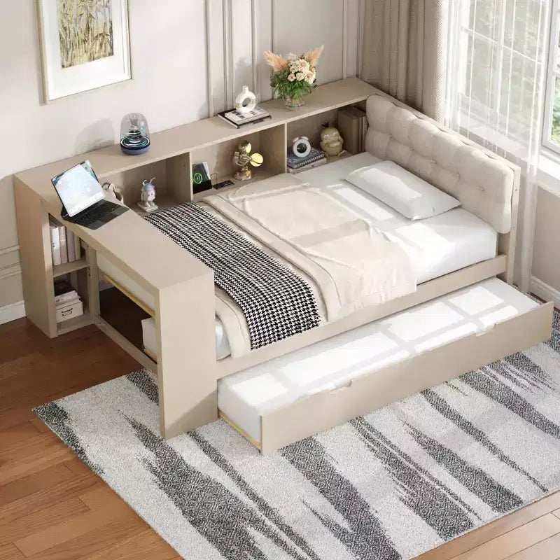 Twin/Full Size Daybed with Storage Shelves, Trundle, Charging Station & Upholstered Headboard - ModernLuxe