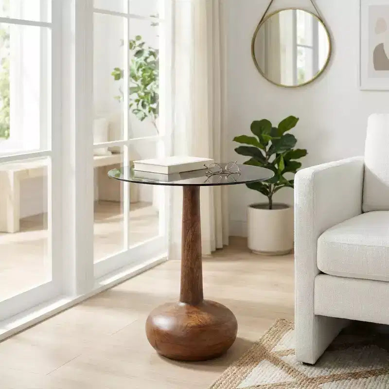 Elegant Glass-Top Wood Pedestal Side Table for Living Room Accent - Sculptural Narrow End Table for Entryway Styling - 21, Brown & Clear
