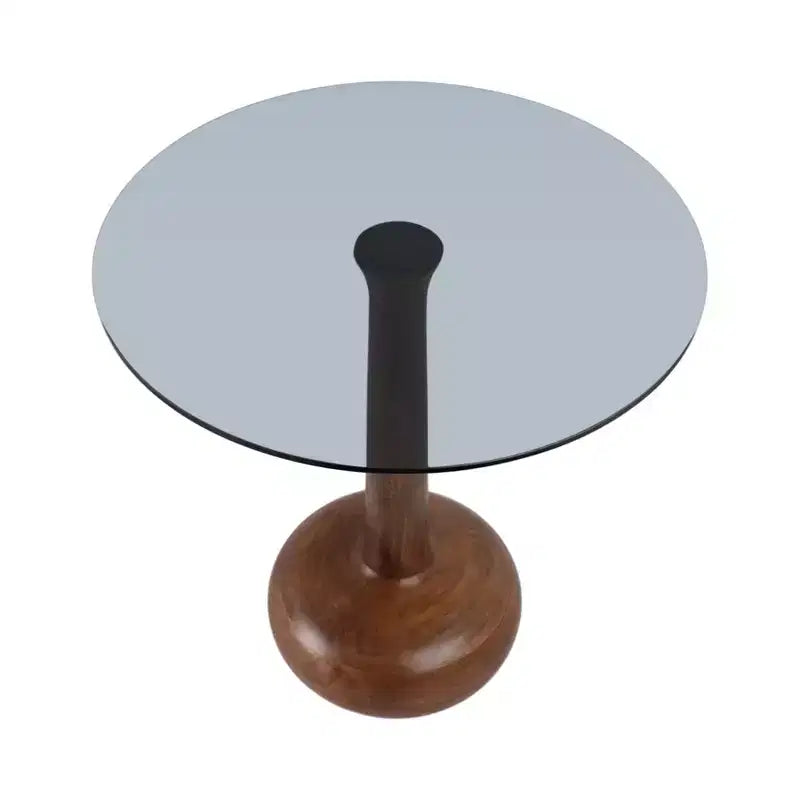 Elegante Tavolino Laterale a Colonna in Legno con Piano in Vetro per Accento Soggiorno - Tavolino Stretto Scultoreo per lo Stile dell'Ingresso - 21, Marrone e Trasparente