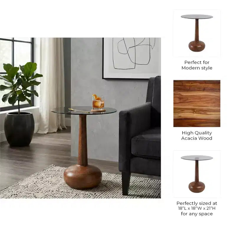 Elegante Tavolino Laterale a Colonna in Legno con Piano in Vetro per Accento Soggiorno - Tavolino Stretto Scultoreo per lo Stile dell'Ingresso - 21, Marrone e Trasparente