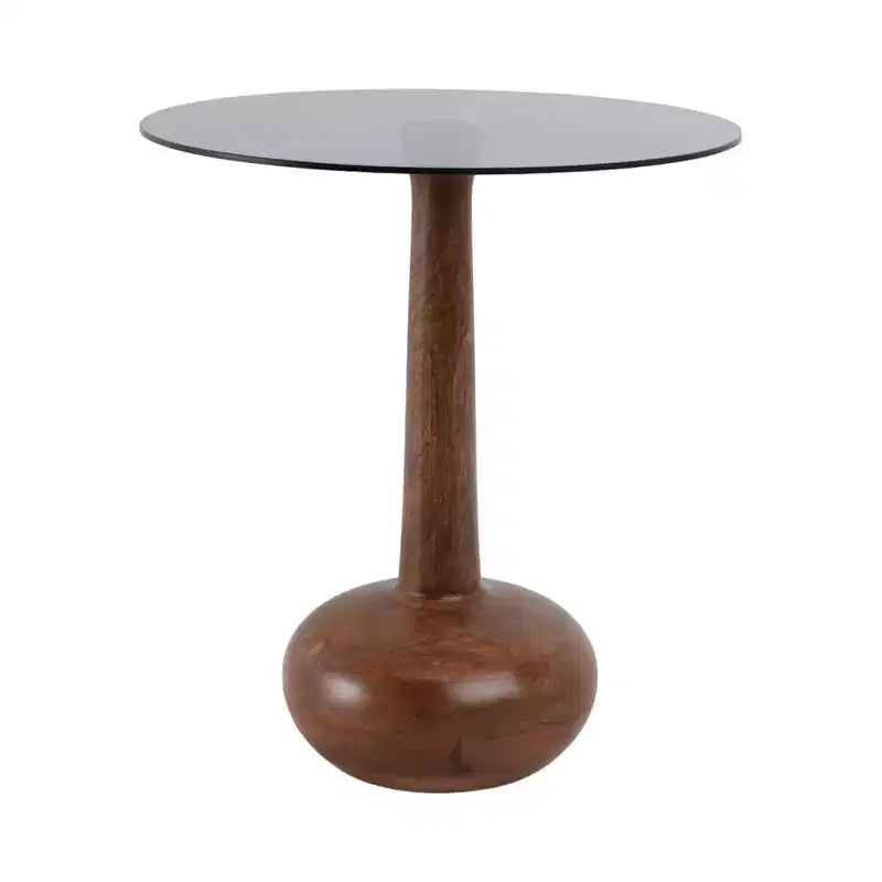 Elegante Tavolino Laterale a Colonna in Legno con Piano in Vetro per Accento Soggiorno - Tavolino Stretto Scultoreo per lo Stile dell'Ingresso - 21, Marrone e Trasparente