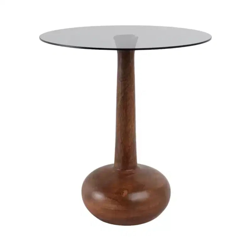 Elegante Tavolino Laterale a Colonna in Legno con Piano in Vetro per Accento Soggiorno - Tavolino Stretto Scultoreo per lo Stile dell'Ingresso - 21, Marrone e Trasparente