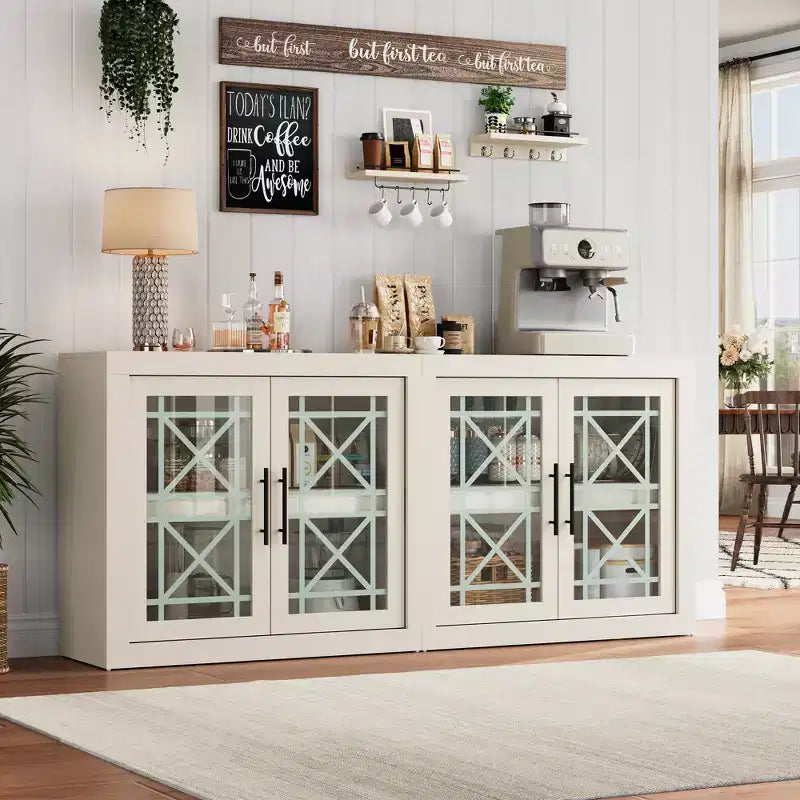 Buffet Storage Cabinet with 4 Glass Pattern Design Doors, 70.8 Wide Modern Coffee Bar Cabinet Wooden TV Stand for Kitchen Dining Room Living Room