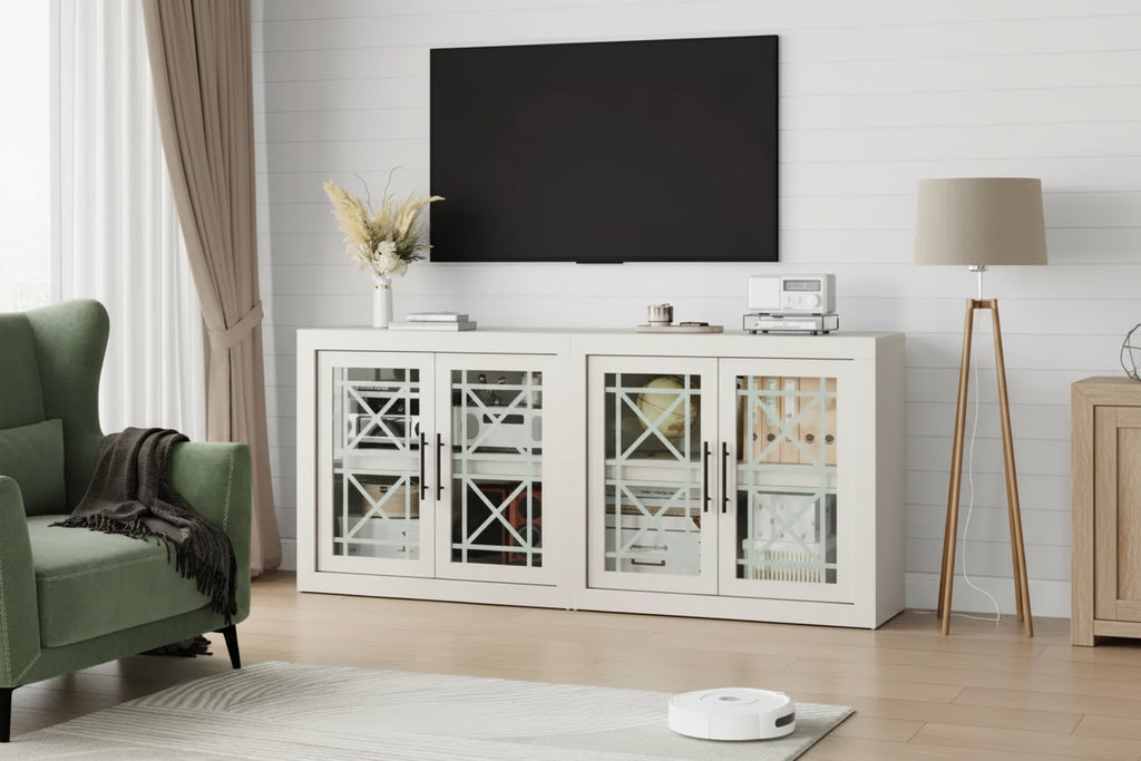 Mobile credenza da buffet con 4 ante in vetro fantasia, mobile bar moderno in legno largo 180 cm, mobile TV per cucina, sala da pranzo, soggiorno