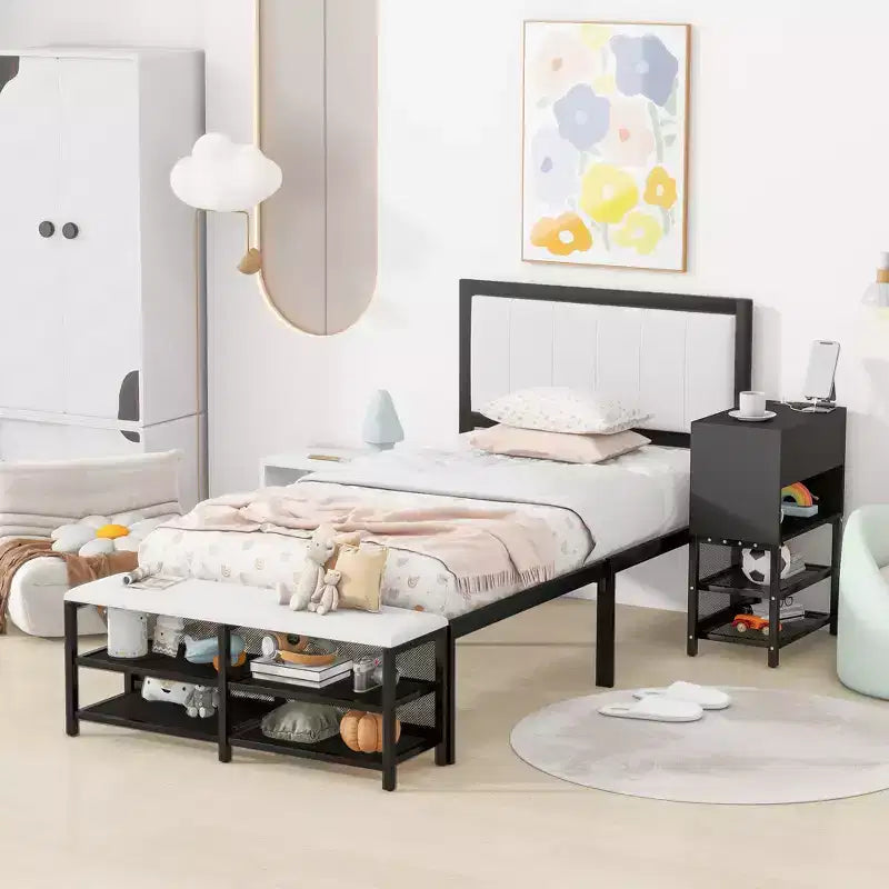 Metal Platform Bed with Two-Tier Storage Shelves and Wooden Storage Cabinet