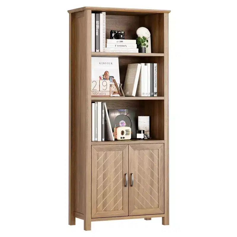 70 Inch Tall Bookshelf 5 Tier Bookcase with Barn Doors and Adjustable Shelves, Walnut Farmhouse Book Shelf with Storage Cabinet