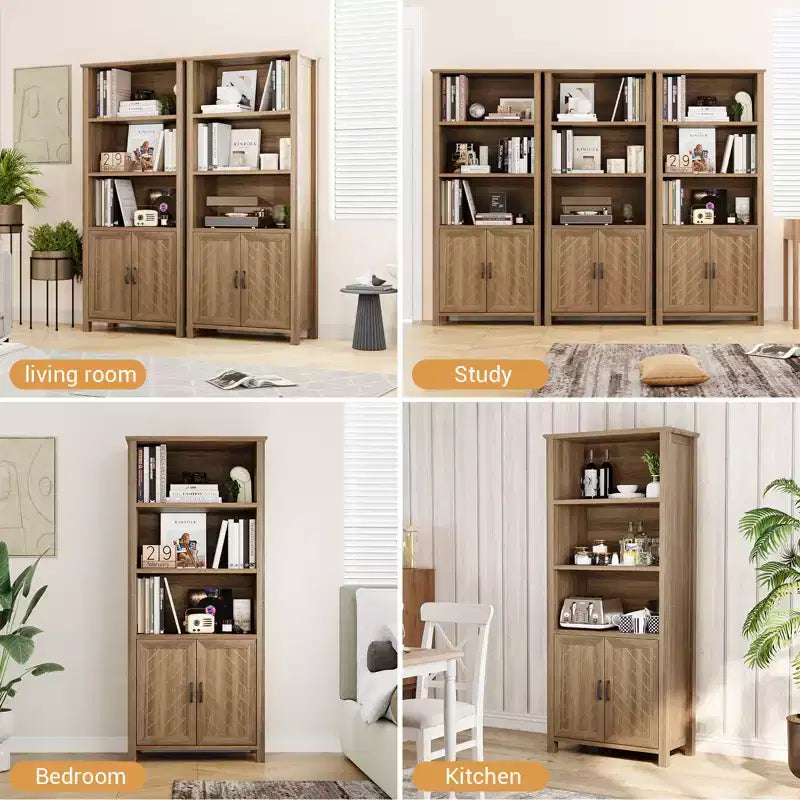 Libreria da 70 pollici, 5 ripiani, con ante scorrevoli a fienile e mensole regolabili, mobile libreria in noce stile rustico con armadietto contenitore