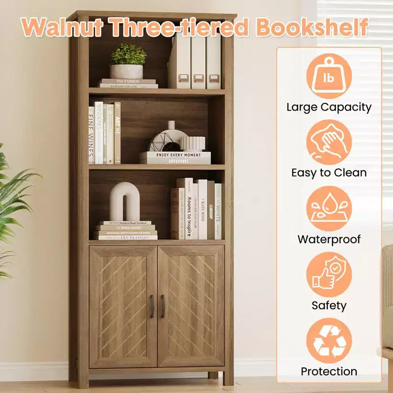Libreria da 70 pollici, 5 ripiani, con ante scorrevoli a fienile e mensole regolabili, mobile libreria in noce stile rustico con armadietto contenitore