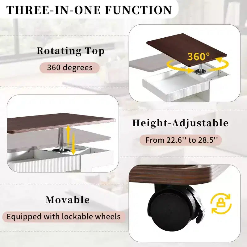 Tavolino moderno con ruote e contenitore sollevabile a 360°