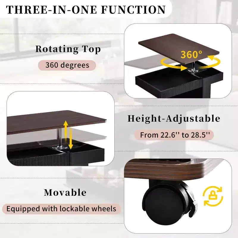 Tavolino moderno con ruote e contenitore sollevabile a 360°