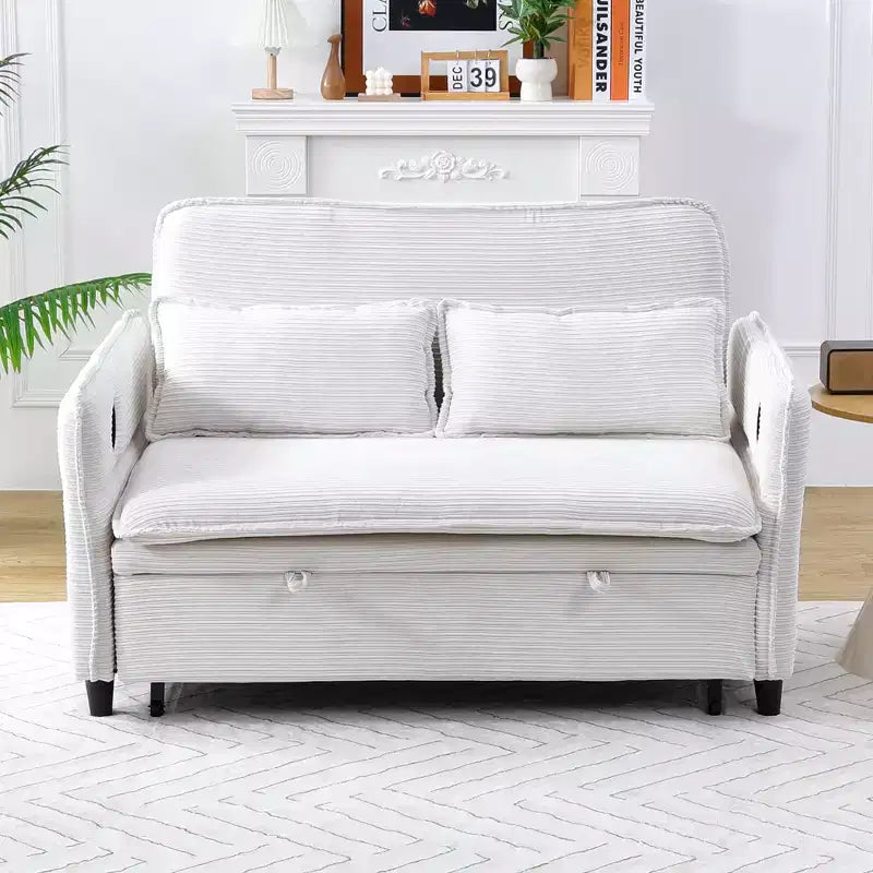 MAYEERTY Beige Letter Striped Fabric Multifunctional Loveseat Sofa Bed for Bedroom Living Room