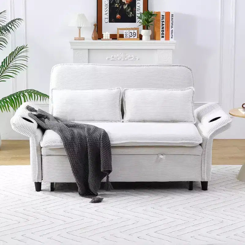 Divano letto a due posti in tessuto a righe, multifunzionale, beige