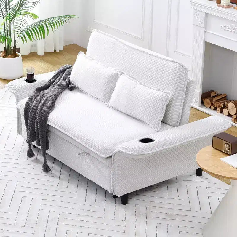 Divano letto a due posti in tessuto a righe, multifunzionale, beige