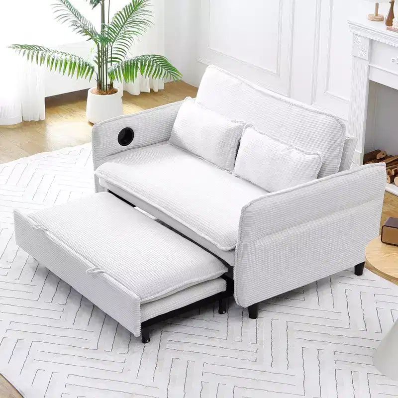 Divano letto a due posti in tessuto a righe, multifunzionale, beige