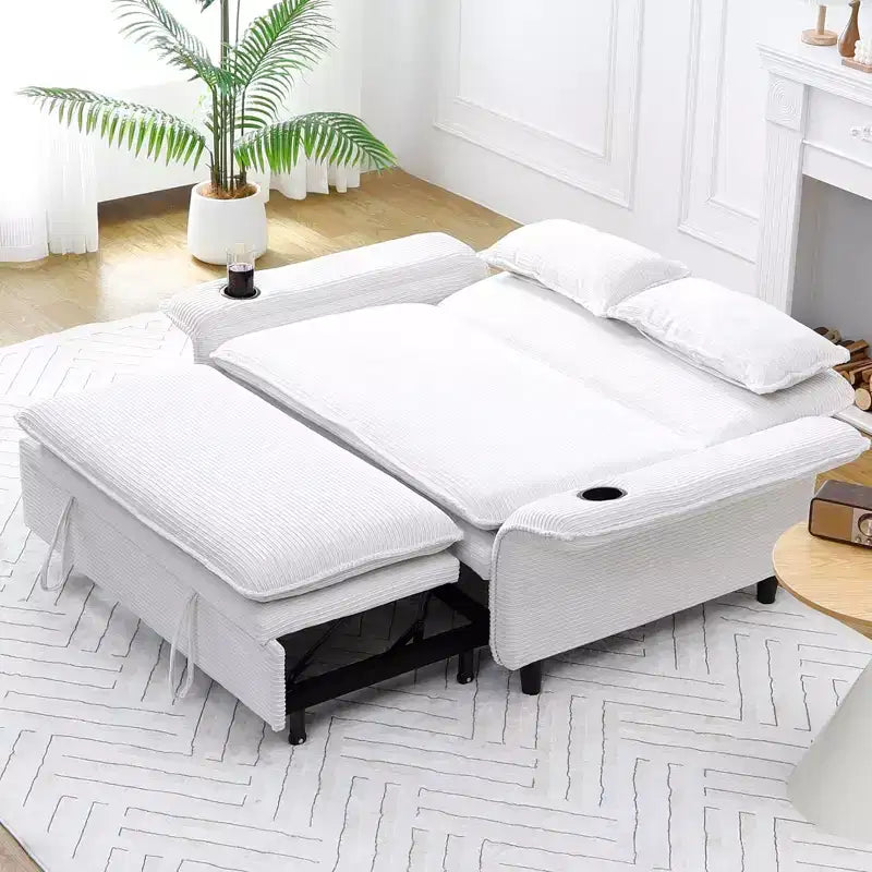 Divano letto a due posti in tessuto a righe, multifunzionale, beige