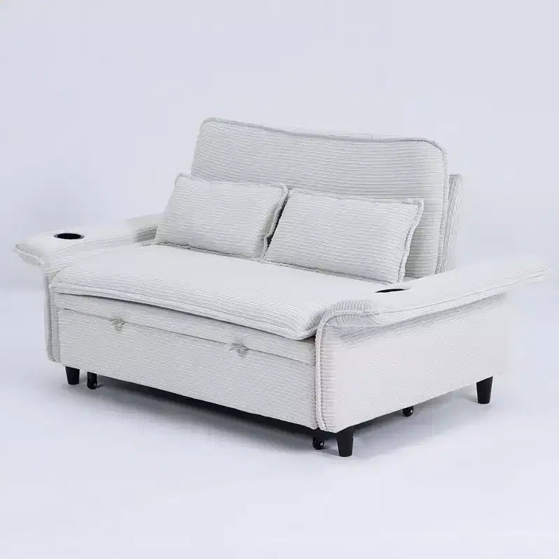 Divano letto a due posti in tessuto a righe, multifunzionale, beige