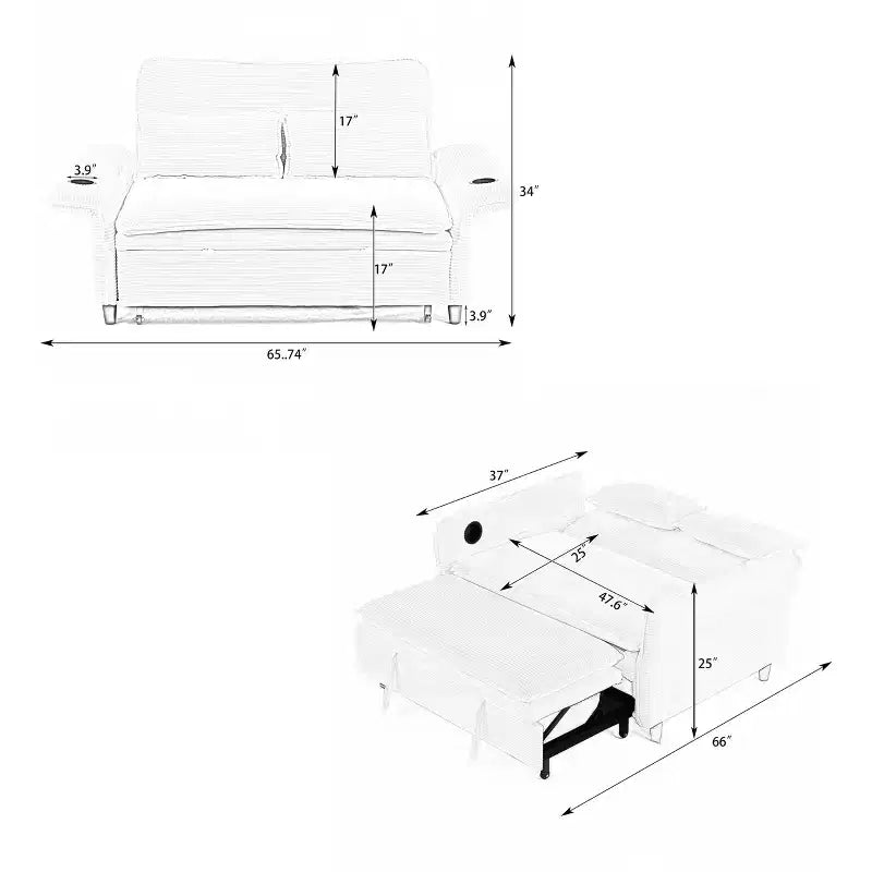Divano letto a due posti in tessuto a righe, multifunzionale, beige