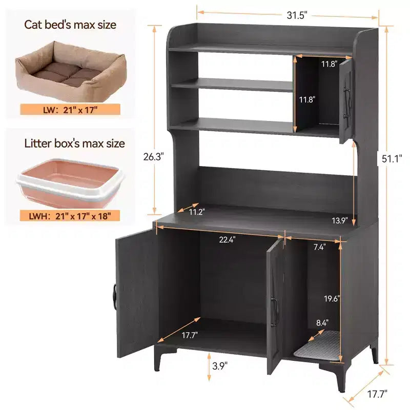 Mobiletto per lettiera in legno a tre ante con lettiera nascosta e ripiani, adatto alla maggior parte delle lettiere.