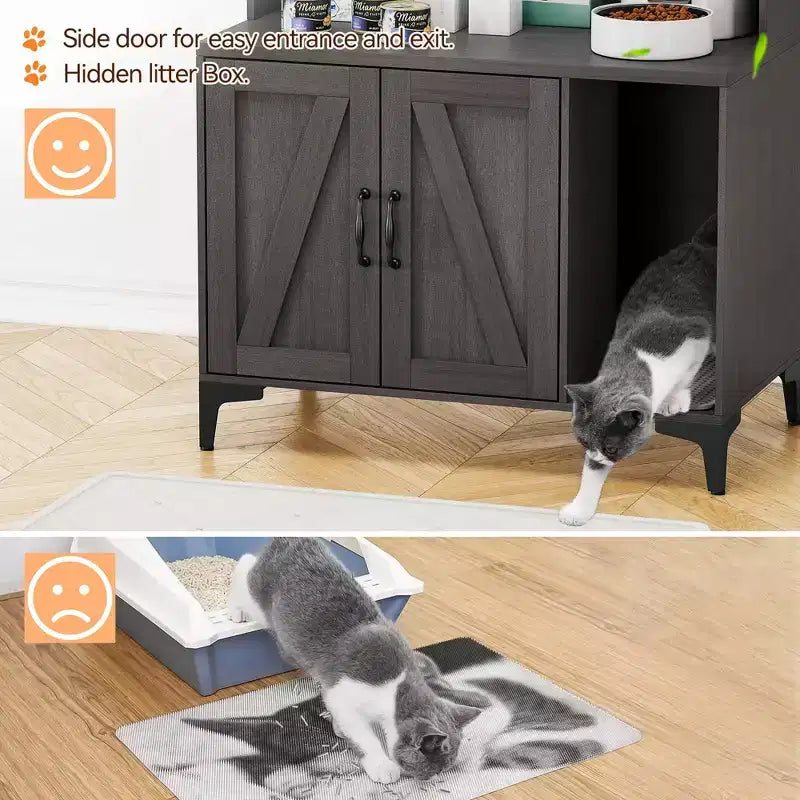 Mobiletto per lettiera in legno a tre ante con lettiera nascosta e ripiani, adatto alla maggior parte delle lettiere.