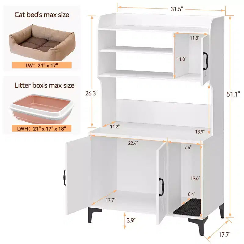 Mobiletto per lettiera in legno a tre ante con lettiera nascosta e ripiani, adatto alla maggior parte delle lettiere.