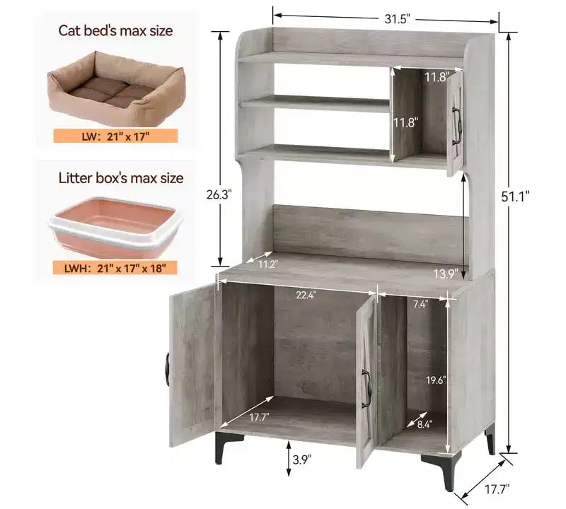 Mobiletto per lettiera in legno a tre ante con lettiera nascosta e ripiani, adatto alla maggior parte delle lettiere.