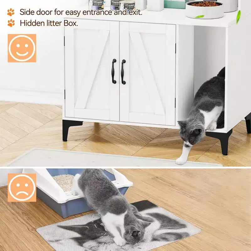 Mobiletto per lettiera in legno a tre ante con lettiera nascosta e ripiani, adatto alla maggior parte delle lettiere.