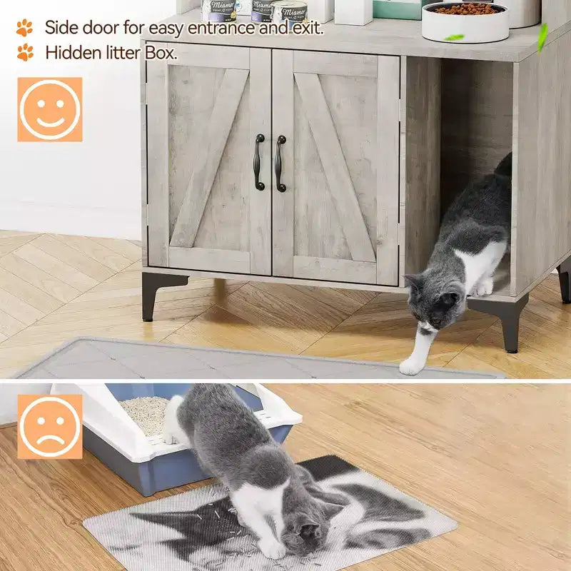 Mobiletto per lettiera in legno a tre ante con lettiera nascosta e ripiani, adatto alla maggior parte delle lettiere.