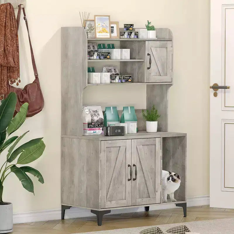 Three-door wooden litter box cabinet with hidden litter box and storage shelves, suitable for most litter boxes.