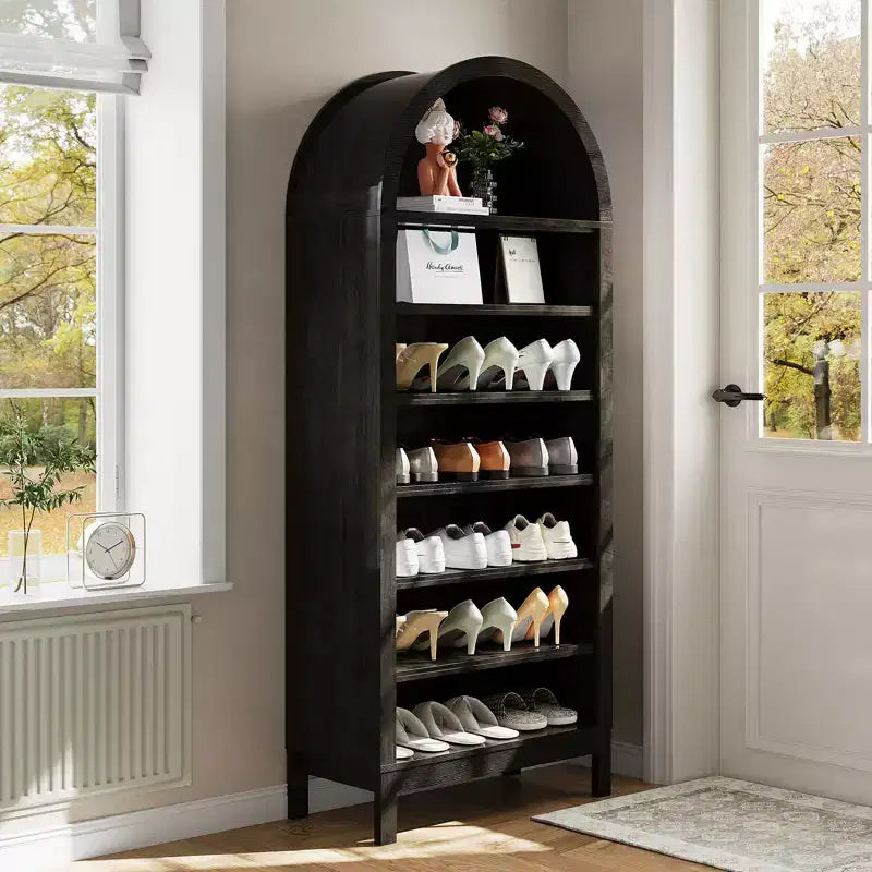 Mobile scarpiera ad arco alto 180 cm per ingresso, organizer per scarpe in legno a 7 ripiani con mensole regolabili, mobile espositivo moderno per corridoio e camera da letto