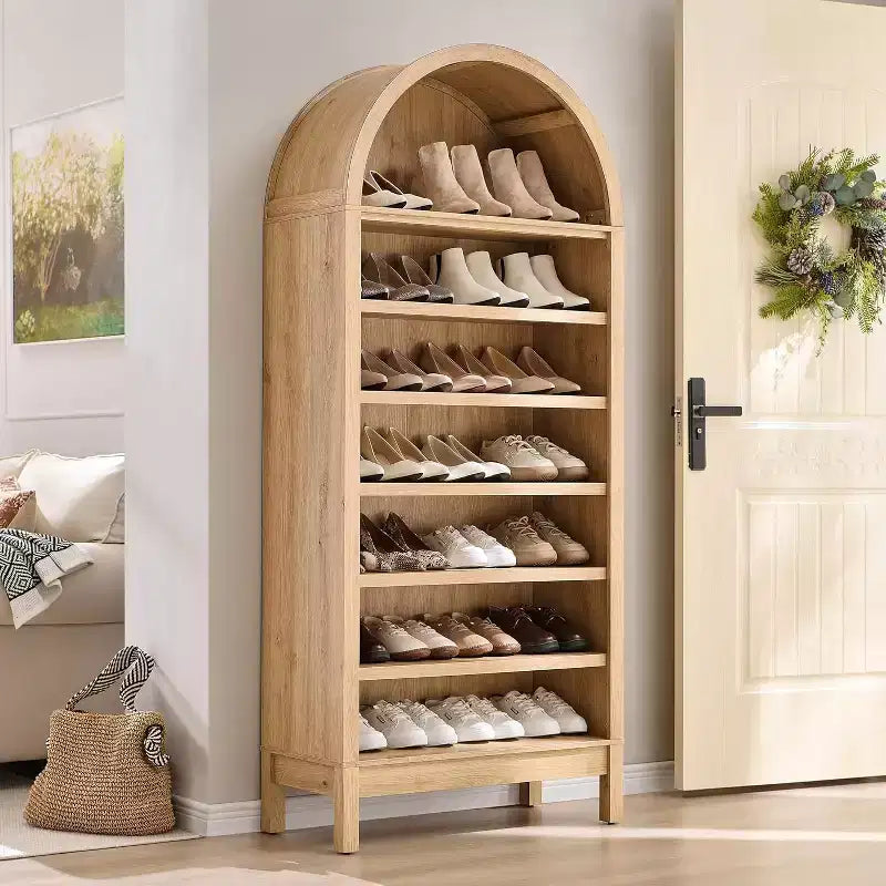 Mobile scarpiera ad arco alto 180 cm per ingresso, organizer per scarpe in legno a 7 ripiani con mensole regolabili, mobile espositivo moderno per corridoio e camera da letto