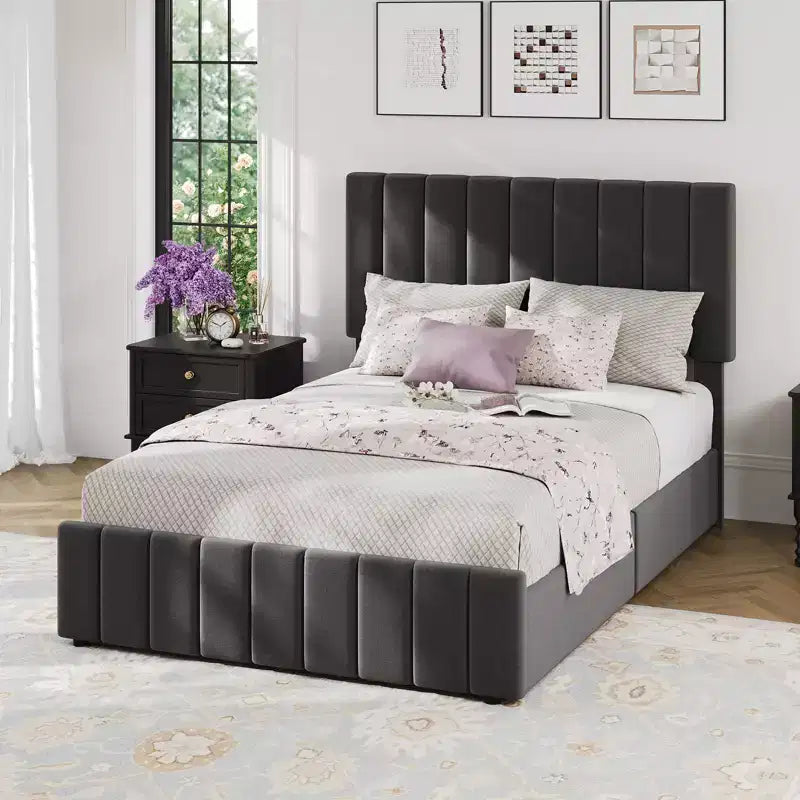 Struttura letto, letto a piattaforma imbottito in lino trapuntato con testiera regolabile e 4 cassetti portaoggetti, supporto a doghe in legno robusto