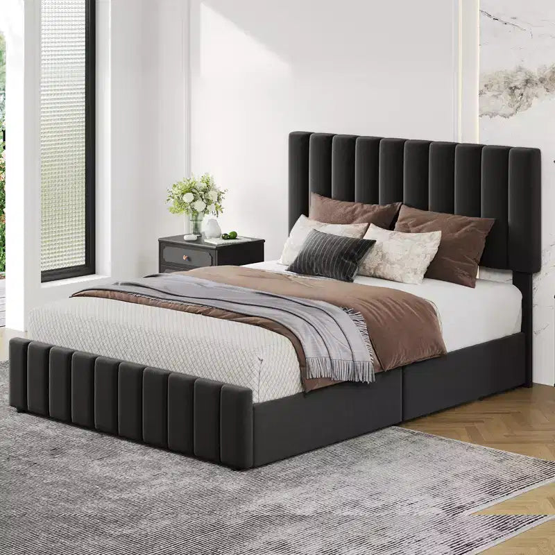 Struttura letto, letto a piattaforma imbottito in lino trapuntato con testiera regolabile e 4 cassetti portaoggetti, supporto a doghe in legno robusto