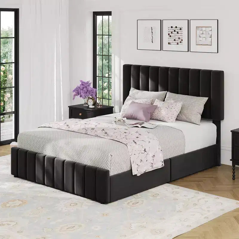 Struttura letto, letto a piattaforma imbottito in lino trapuntato con testiera regolabile e 4 cassetti portaoggetti, supporto a doghe in legno robusto
