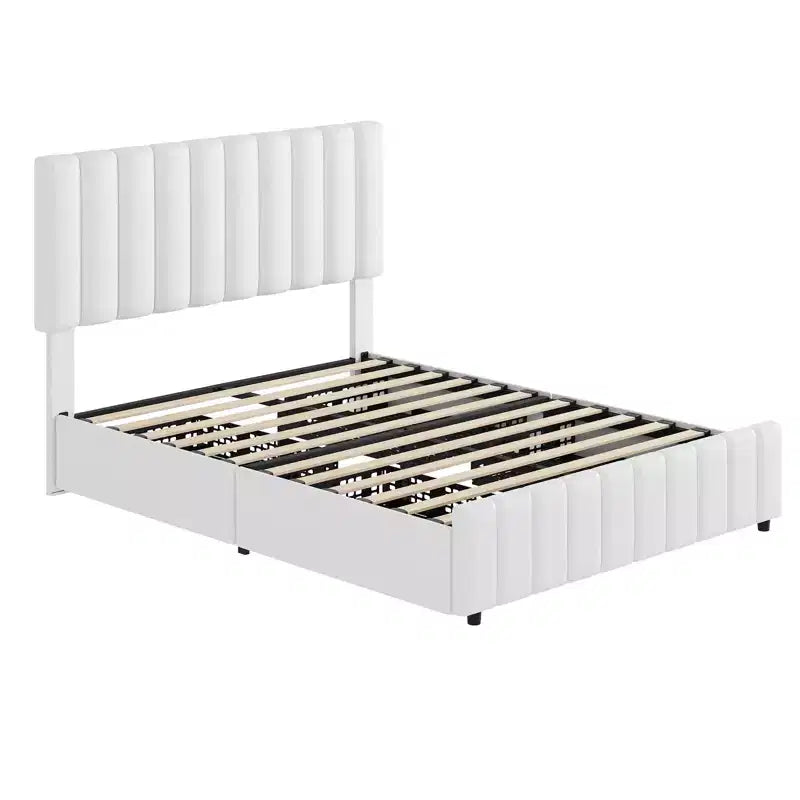 Struttura letto, letto a piattaforma imbottito in lino trapuntato con testiera regolabile e 4 cassetti portaoggetti, supporto a doghe in legno robusto