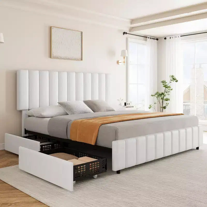 Struttura letto, letto a piattaforma imbottito in lino trapuntato con testiera regolabile e 4 cassetti portaoggetti, supporto a doghe in legno robusto