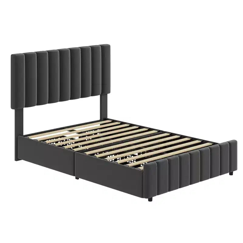 Struttura letto, letto a piattaforma imbottito in lino trapuntato con testiera regolabile e 4 cassetti portaoggetti, supporto a doghe in legno robusto