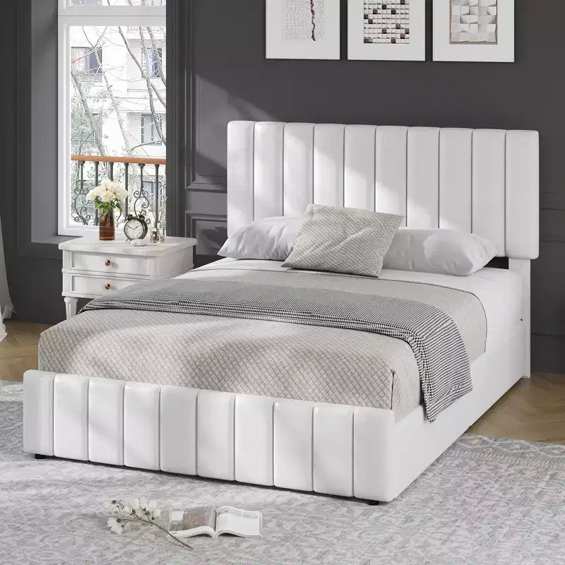 Struttura letto, letto a piattaforma imbottito in lino trapuntato con testiera regolabile e 4 cassetti portaoggetti, supporto a doghe in legno robusto