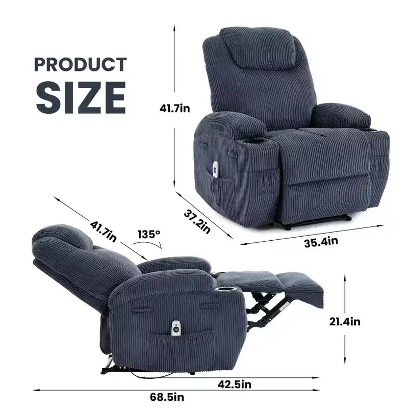 Poltrona Reclinabile Massaggiante, Reclinazione Ultra-Confortevole (Regolabile a 135°), Doppio Portabicchieri e Tasche Laterali, Facile Montaggio Senza Attrezzi