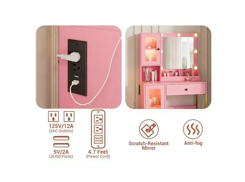 Toeletta con Specchio, Luci a 3 Modalità di Illuminazione, Prese e Porte USB Integrate, Ampi Cassetti e Mobiletto, Tavolo da Trucco per Camera da Letto