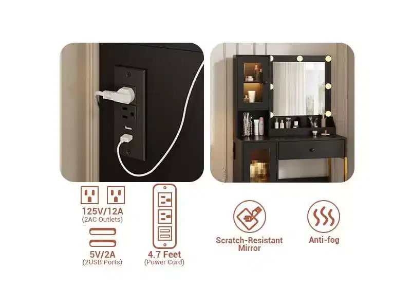 Toeletta con Specchio, Luci a 3 Modalità di Illuminazione, Prese e Porte USB Integrate, Ampi Cassetti e Mobiletto, Tavolo da Trucco per Camera da Letto