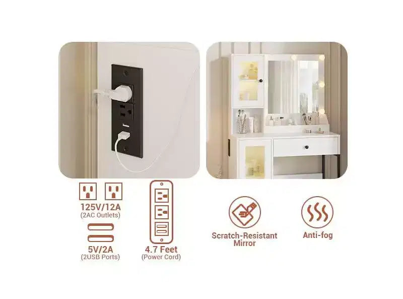 Toeletta con Specchio, Luci a 3 Modalità di Illuminazione, Prese e Porte USB Integrate, Ampi Cassetti e Mobiletto, Tavolo da Trucco per Camera da Letto