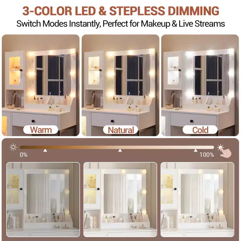 Toeletta con Specchio, Luci a 3 Modalità di Illuminazione, Prese e Porte USB Integrate, Ampi Cassetti e Mobiletto, Tavolo da Trucco per Camera da Letto