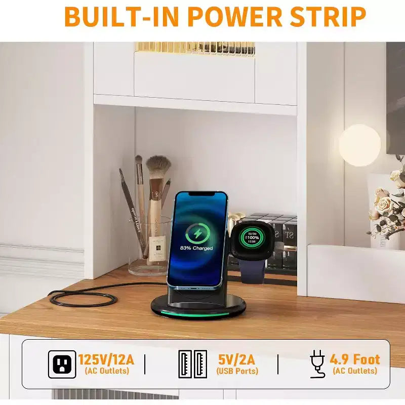 Toeletta con Specchio, Luci a 3 Modalità di Illuminazione, Prese e Porte USB Integrate, Ampi Cassetti e Mobiletto, Tavolo da Trucco per Camera da Letto