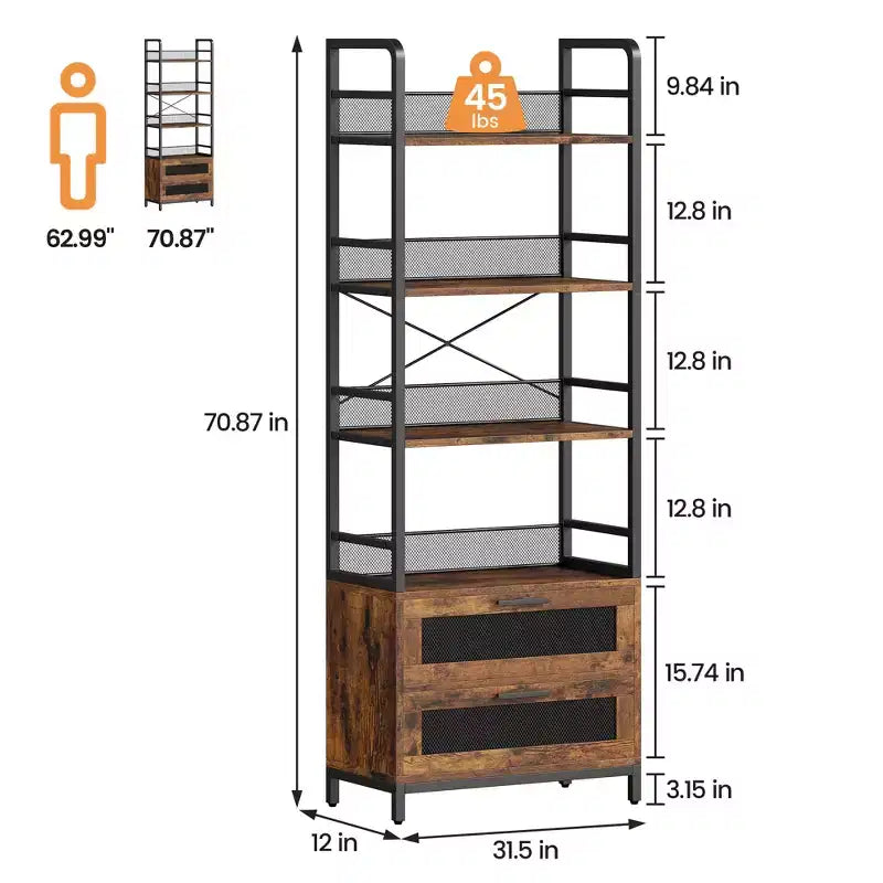 Libreria industriale a 4 ripiani, Scaffale con cassetti contenitori, Espositori alti 180 cm Libreria rustica da fattoria