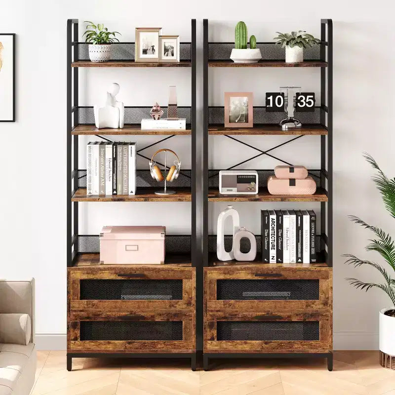 Libreria industriale a 4 ripiani, Scaffale con cassetti contenitori, Espositori alti 180 cm Libreria rustica da fattoria