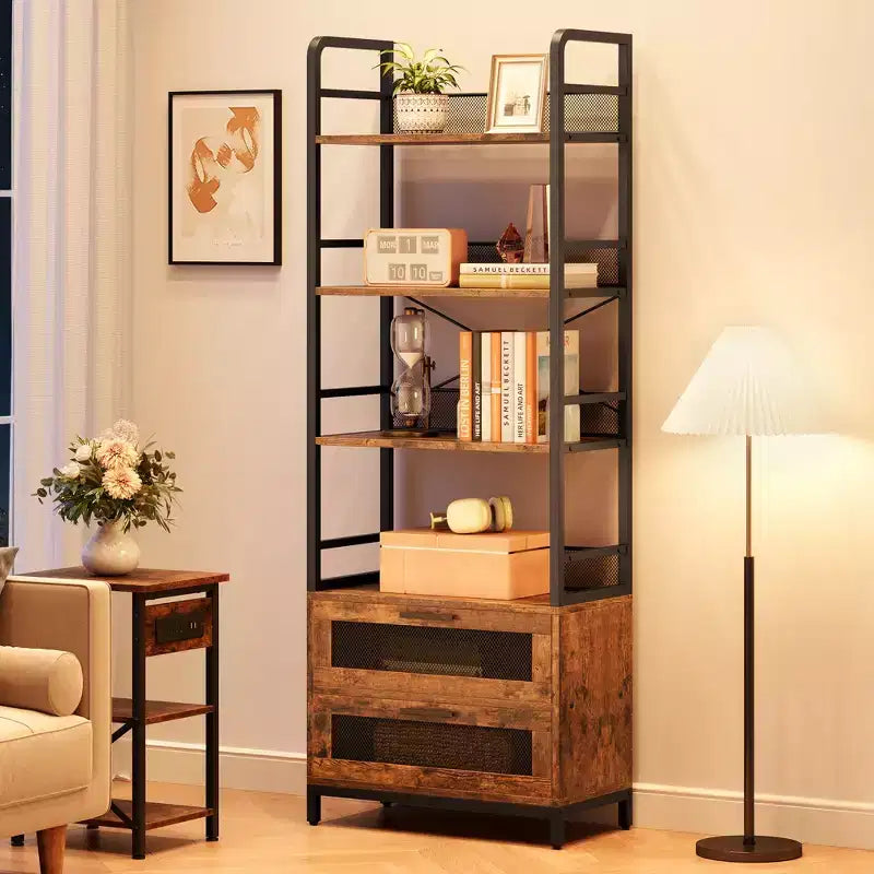 Libreria industriale a 4 ripiani, Scaffale con cassetti contenitori, Espositori alti 180 cm Libreria rustica da fattoria