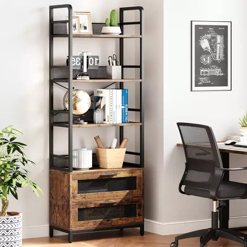 Libreria industriale a 4 ripiani, Scaffale con cassetti contenitori, Espositori alti 180 cm Libreria rustica da fattoria