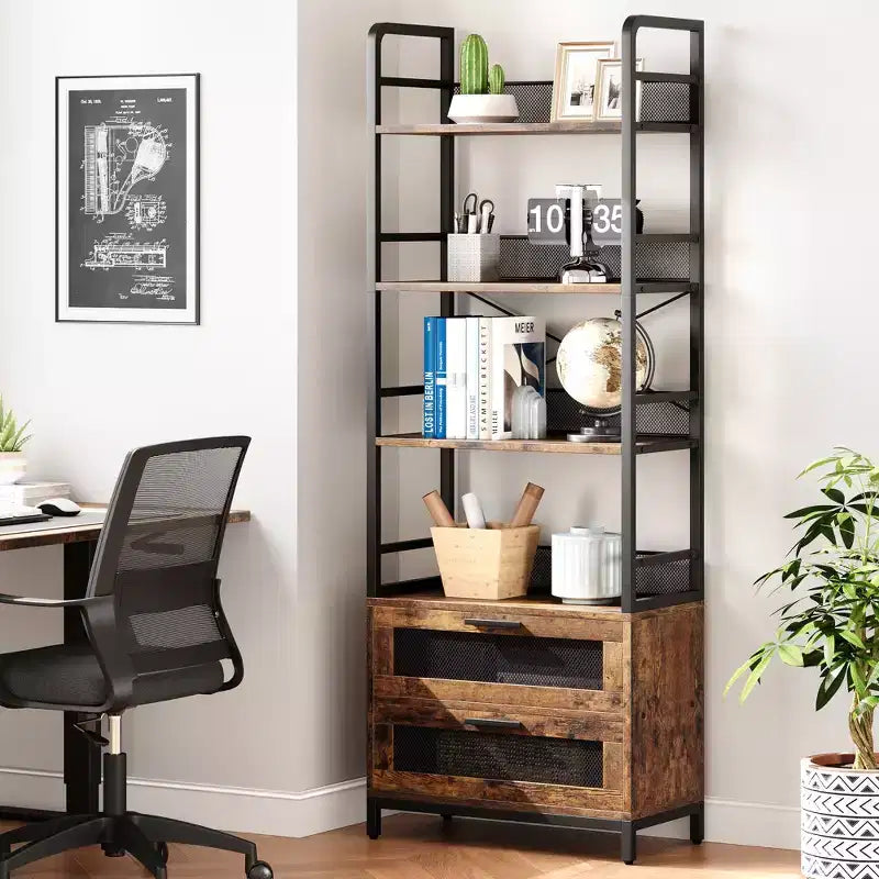 Libreria industriale a 4 ripiani, Scaffale con cassetti contenitori, Espositori alti 180 cm Libreria rustica da fattoria